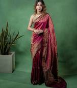 Maroon satin woven saree with blouse