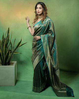 Rama-green satin woven saree with blouse 2