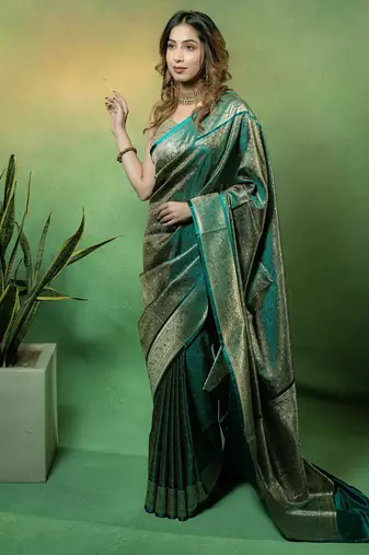 Rama-green satin woven saree with blouse