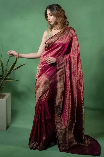 Maroon satin woven saree with blouse