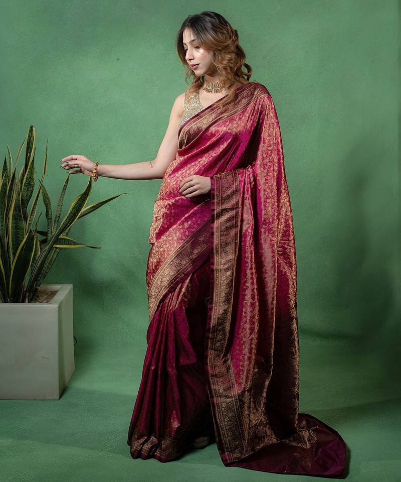 Maroon satin woven saree with blouse