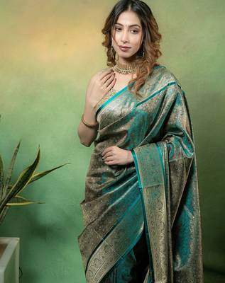 Rama-green satin woven saree with blouse 3