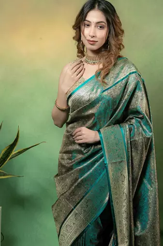 Rama-green satin woven saree with blouse