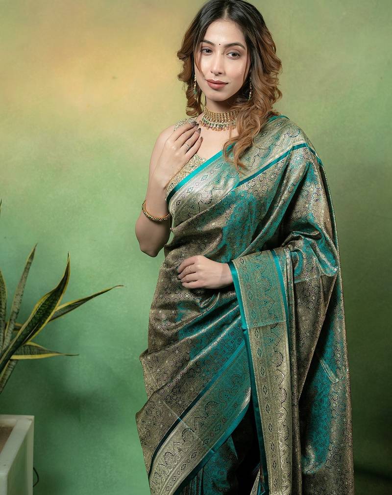 Rama-green satin woven saree with blouse