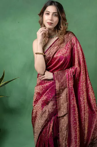 Maroon satin woven saree with blouse