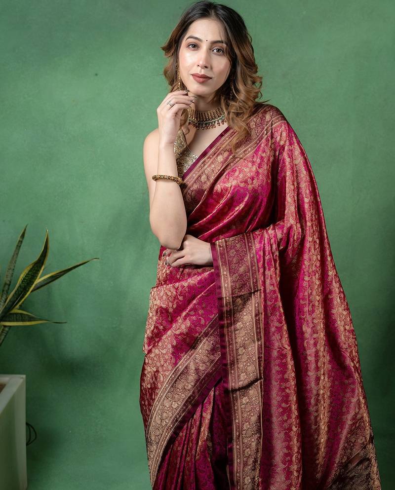 Maroon satin woven saree with blouse
