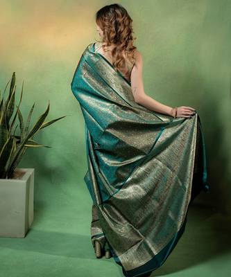 Rama-green satin woven saree with blouse 4