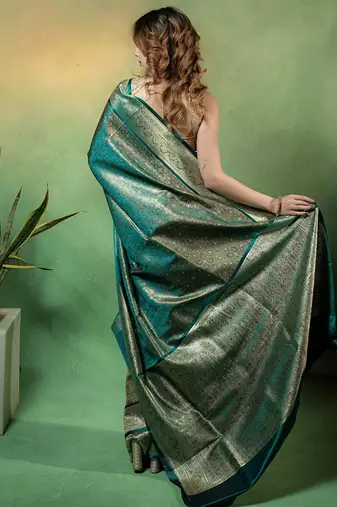 Rama-green satin woven saree with blouse