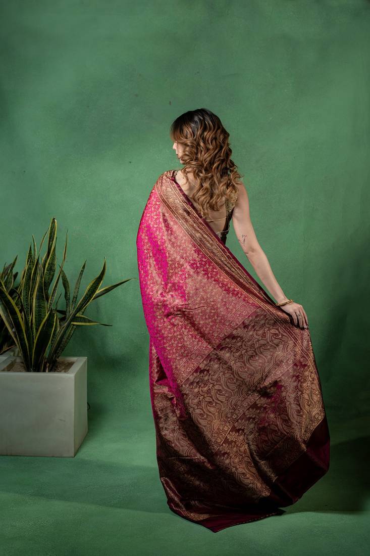 Maroon satin woven saree with blouse