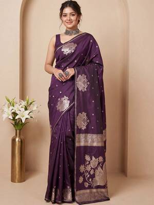 Purple ethnic motifs zari silk blend handloom banarasi saree 1
