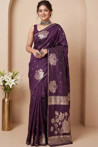 Purple ethnic motifs zari silk blend handloom banarasi saree