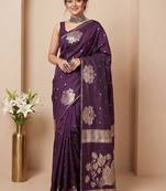 Purple ethnic motifs zari silk blend handloom banarasi saree