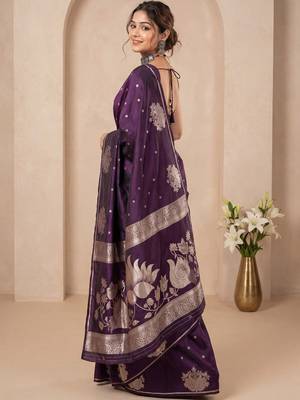 Purple ethnic motifs zari silk blend handloom banarasi saree 2