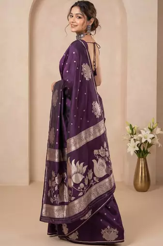 Purple ethnic motifs zari silk blend handloom banarasi saree
