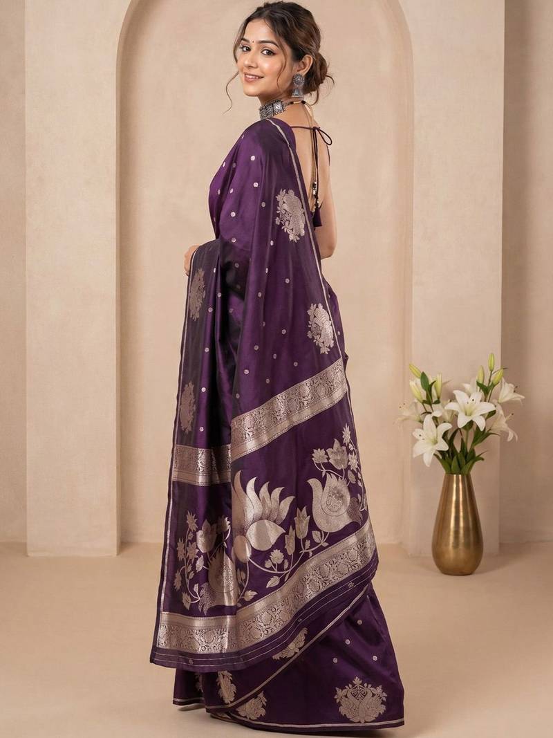 Purple ethnic motifs zari silk blend handloom banarasi saree