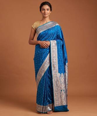 Peacock blue satin woven saree with blouse 1
