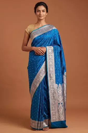 Peacock blue satin woven saree with blouse