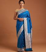 Peacock blue satin woven saree with blouse