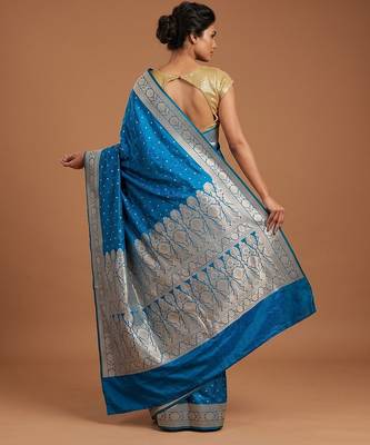 Peacock blue satin woven saree with blouse 2