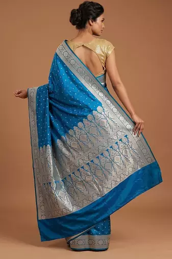 Peacock blue satin woven saree with blouse