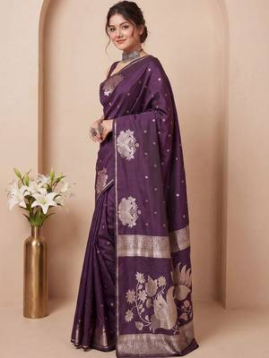 Purple ethnic motifs zari silk blend handloom banarasi saree 3