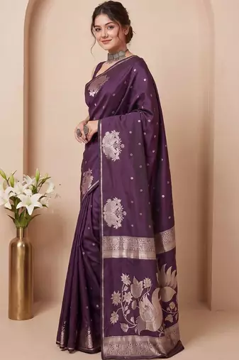 Purple ethnic motifs zari silk blend handloom banarasi saree