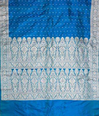 Peacock blue satin woven saree with blouse 3