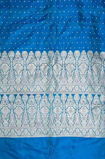 Peacock blue satin woven saree with blouse