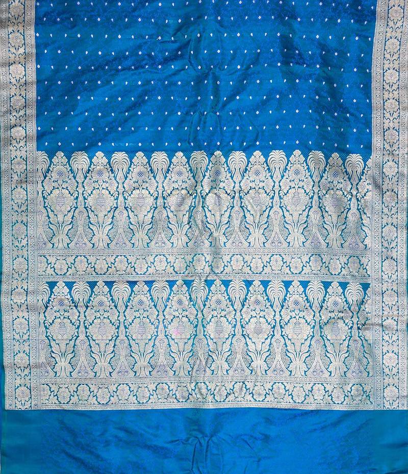 Peacock blue satin woven saree with blouse