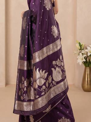 Purple ethnic motifs zari silk blend handloom banarasi saree 5