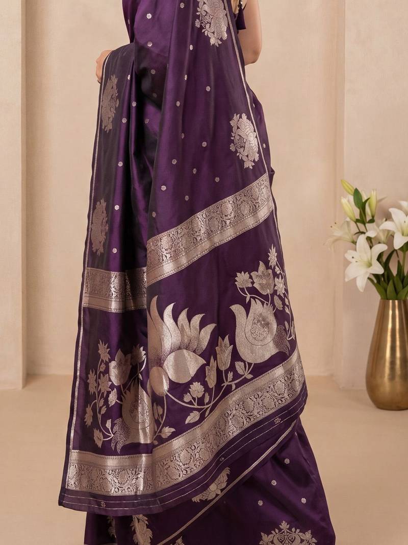 Purple ethnic motifs zari silk blend handloom banarasi saree