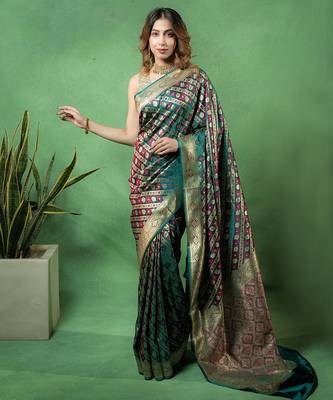 Rama-green satin woven saree with blouse 1