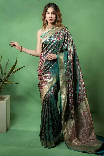 Rama-green satin woven saree with blouse