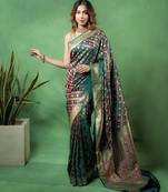 Rama-green satin woven saree with blouse