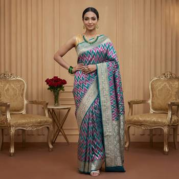 Rama green satin woven saree with blouse 1