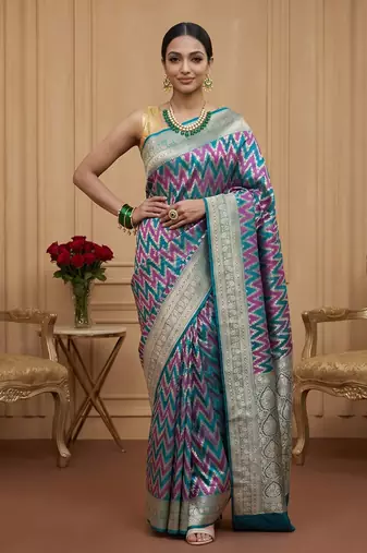 Rama green satin woven saree with blouse