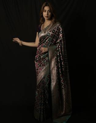 Rama green satin woven saree with blouse 1