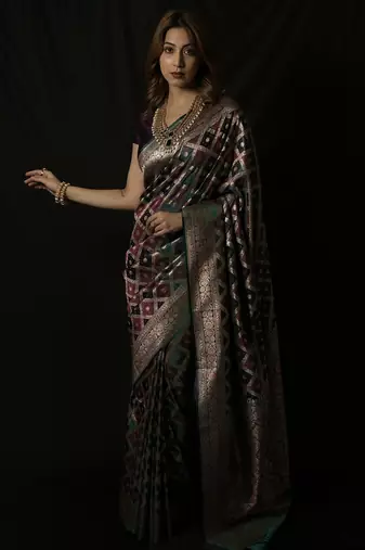 Rama green satin woven saree with blouse