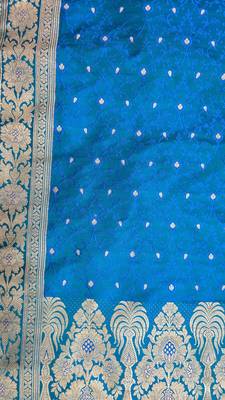 Peacock blue satin woven saree with blouse 4