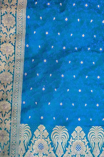 Peacock blue satin woven saree with blouse