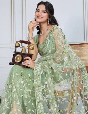 Olive embroidered work saree with blouse piece 1