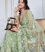 Olive embroidered work saree with blouse piece