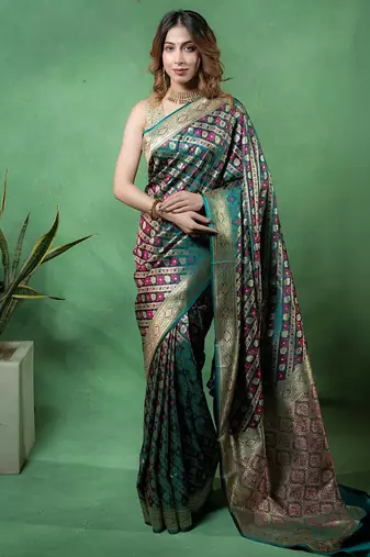 Rama-green satin woven saree with blouse