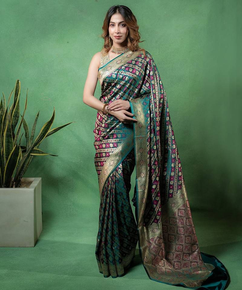 Rama-green satin woven saree with blouse