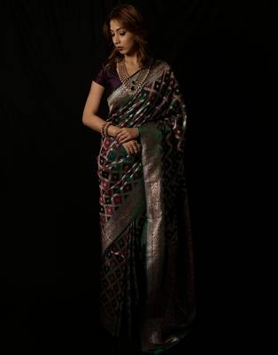Rama green satin woven saree with blouse 2