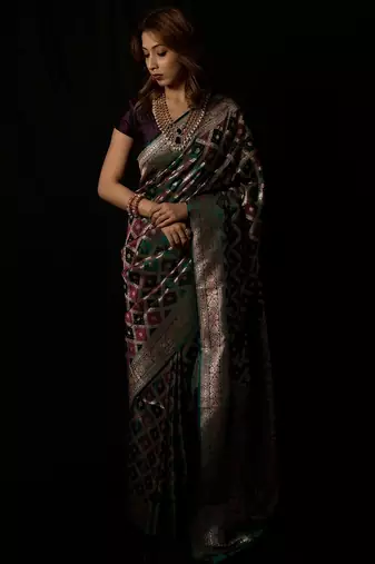 Rama green satin woven saree with blouse