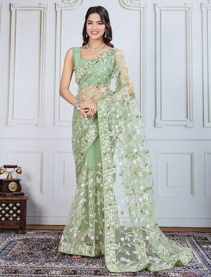 Olive embroidered work saree with blouse piece 2