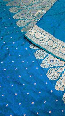 Peacock blue satin woven saree with blouse 5