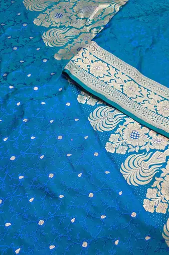 Peacock blue satin woven saree with blouse