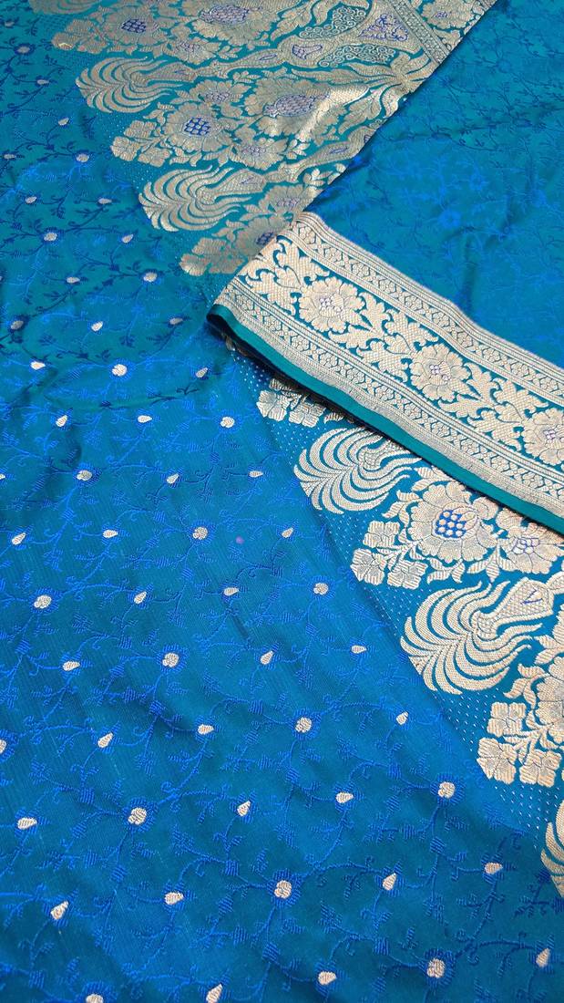 Peacock blue satin woven saree with blouse